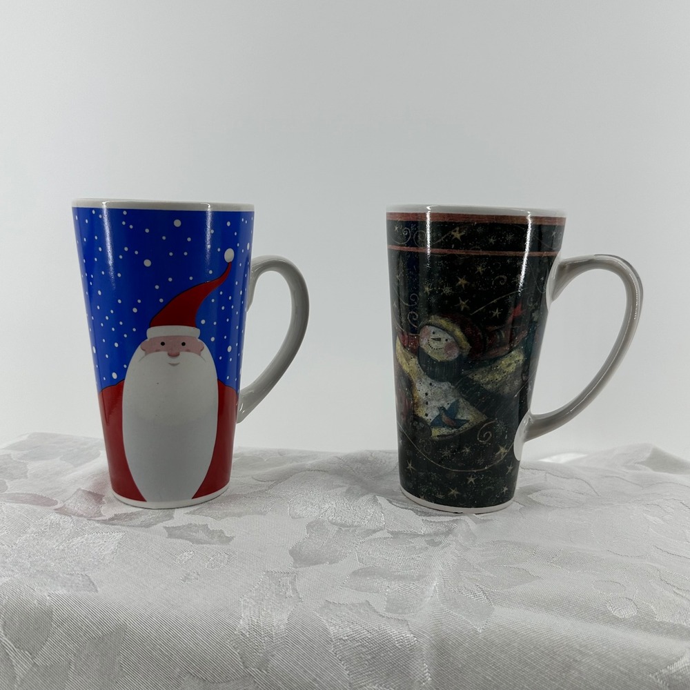 Century Christmas Latte Mugs Set Santa Snowman Blue Black Good Chipped Bottom